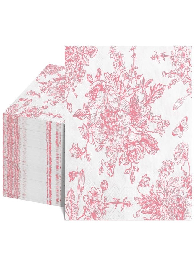 NatNarr 100 Pcs Pink Floral Napkins, Valentines Napkins Pink and White Toile Cocktail Napkin Vintage Flower Butterfly Design Decoupage Napkin for Easter, Wedding, Bridal Baby Shower, Tea Party - Image 1